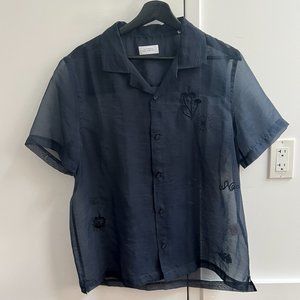 SATURDAYS NYC - NAVY SILK ORGANZA SHIRT W/ NAUTICAL EMBROIDERY IN NAVY - SIZE M